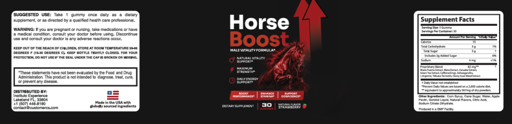 Horse Boost ingredient label showing Muira Puama, Maca Root, Catuaba Bark, Ashwagandha, L-Arginine and Tribulus Terrestris